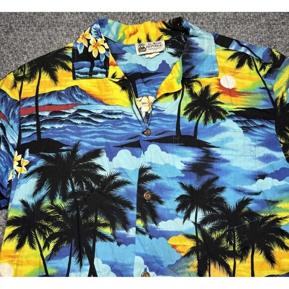 Aloha Republic Hawaiian Shirt Sunset Palm Trees Vintage Blue Men's Size Medium - Picture 3 of 4
